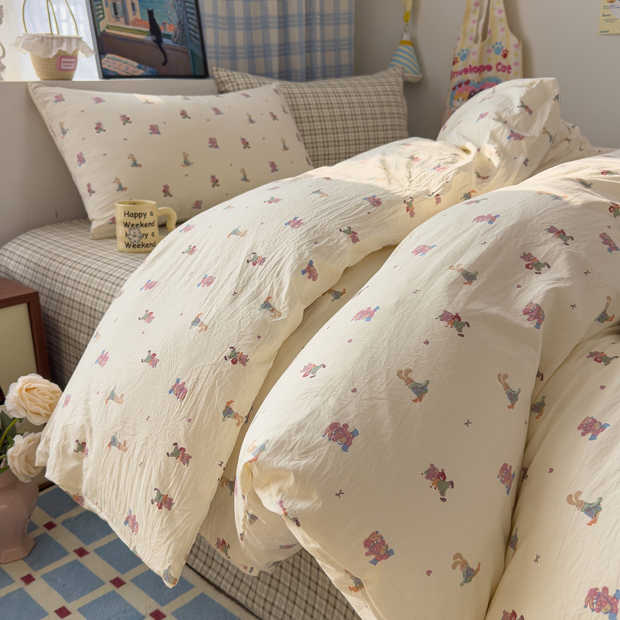 91家纺网 家纺一手货源 找家纺 希丞家居 2026新款博主风小清新仿棉云感纱床上四件套 假日狂欢