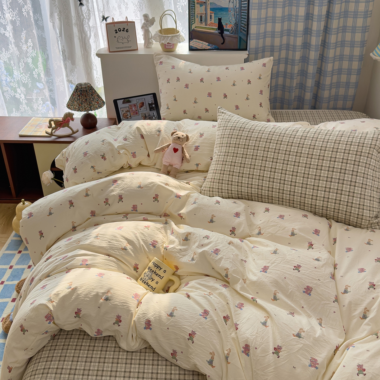 91家纺网 家纺一手货源 找家纺 希丞家居 2026新款博主风小清新仿棉云感纱床上四件套 假日狂欢