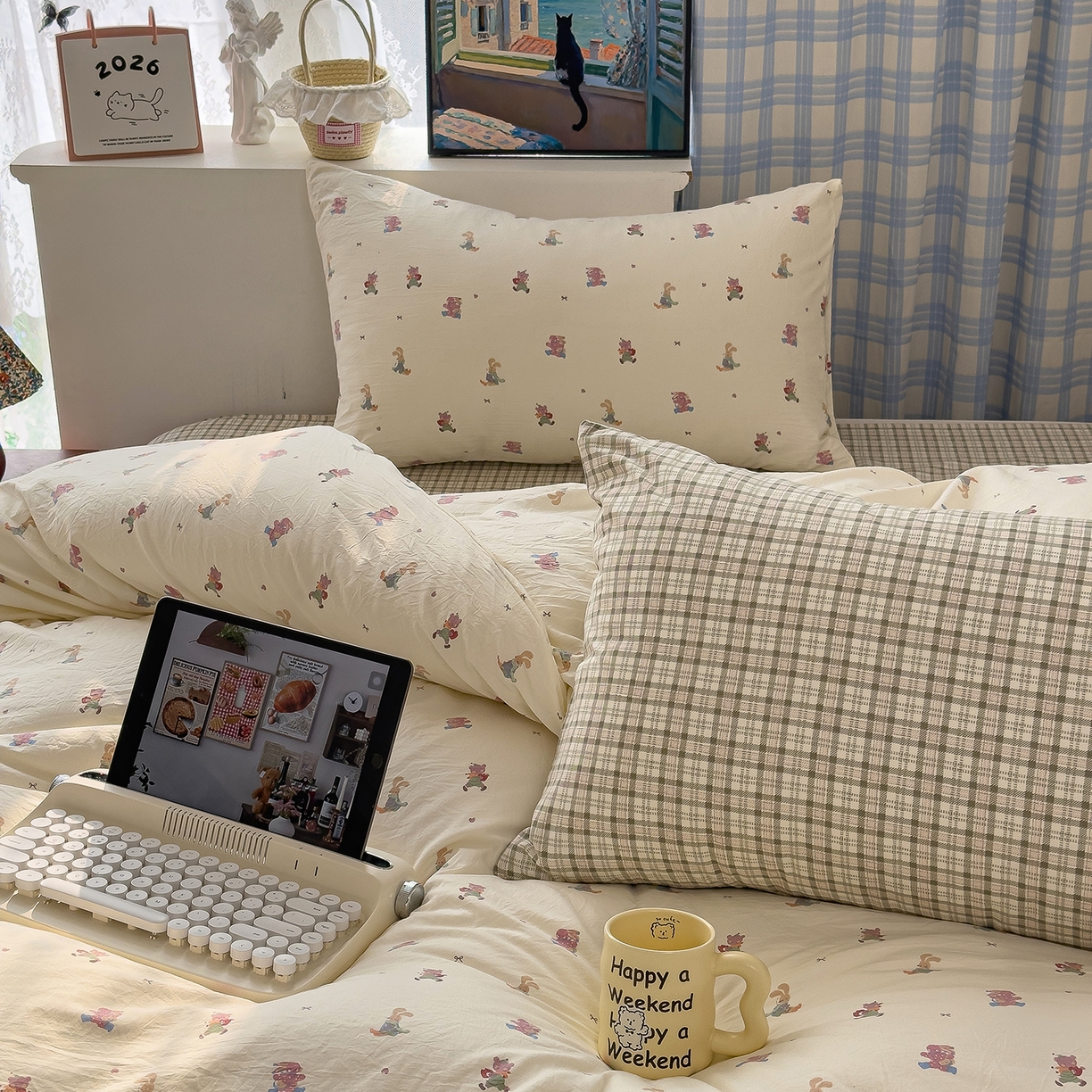 91家纺网 家纺一手货源 找家纺 希丞家居 2026新款博主风小清新仿棉云感纱床上四件套 假日狂欢