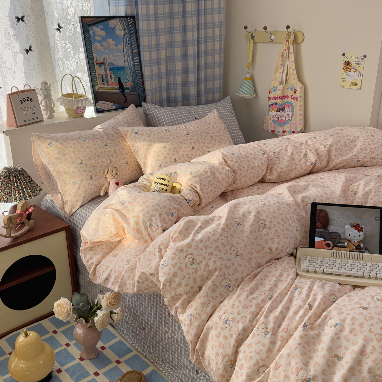 91家纺网 家纺一手货源 找家纺 希丞家居 2026新款博主风小清新仿棉云感纱床上四件套 喵小姐