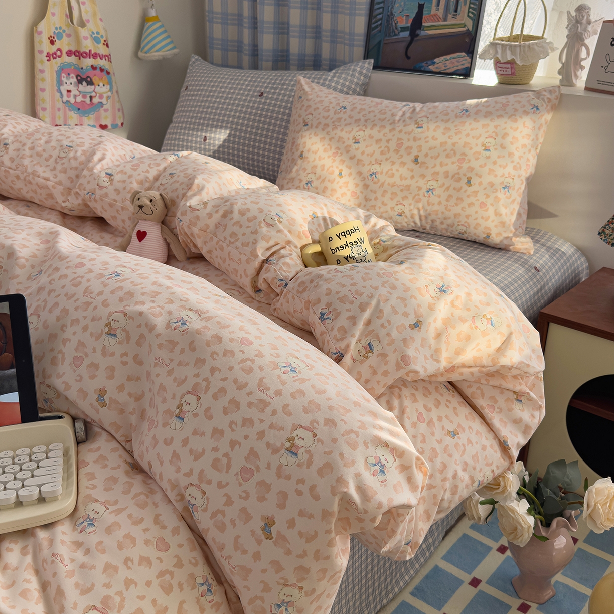 91家纺网 家纺一手货源 找家纺 希丞家居 2026新款博主风小清新仿棉云感纱床上四件套 喵小姐