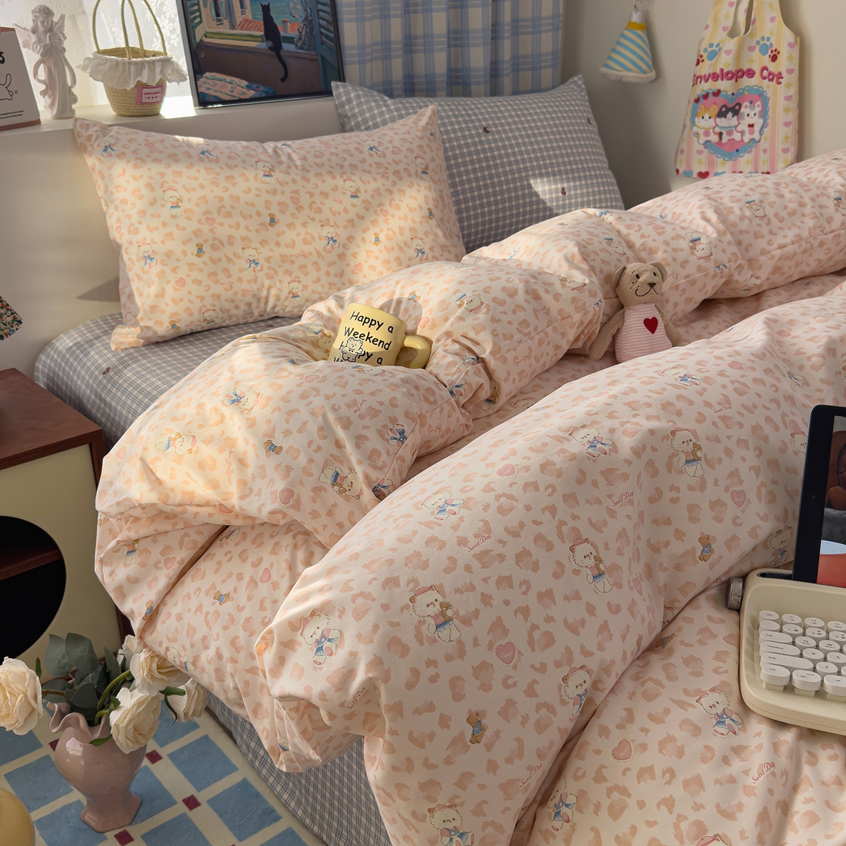 91家纺网 家纺一手货源 找家纺 希丞家居 2026新款博主风小清新仿棉云感纱床上四件套 喵小姐