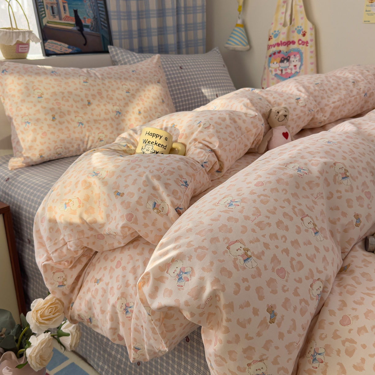 91家纺网 家纺一手货源 找家纺 希丞家居 2026新款博主风小清新仿棉云感纱床上四件套 喵小姐