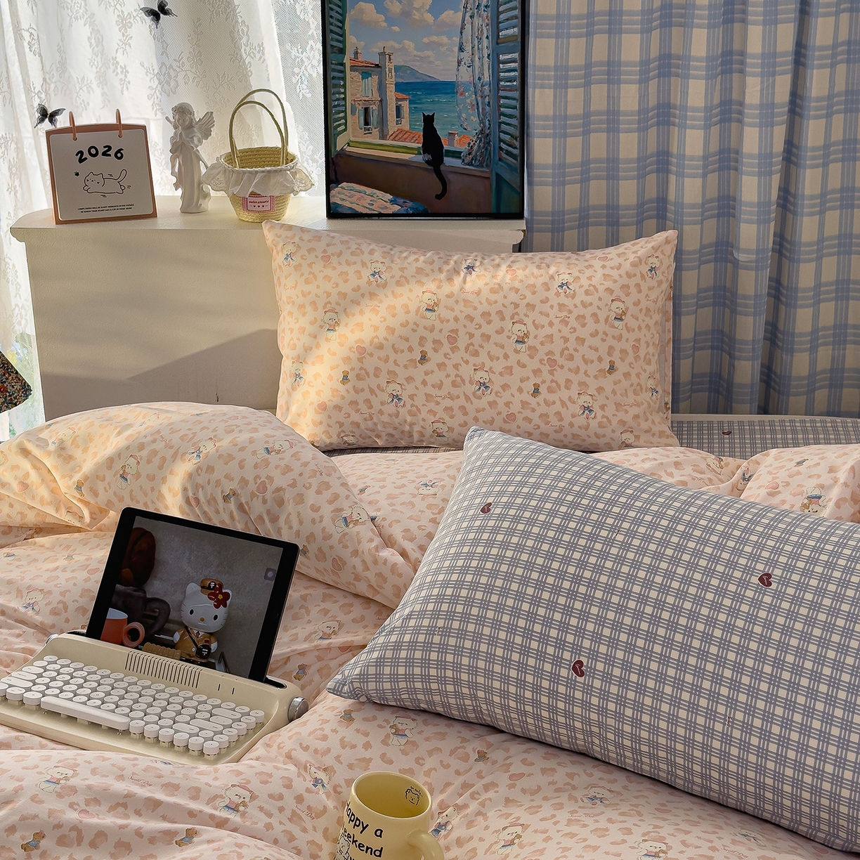 91家纺网 家纺一手货源 找家纺 希丞家居 2026新款博主风小清新仿棉云感纱床上四件套 喵小姐