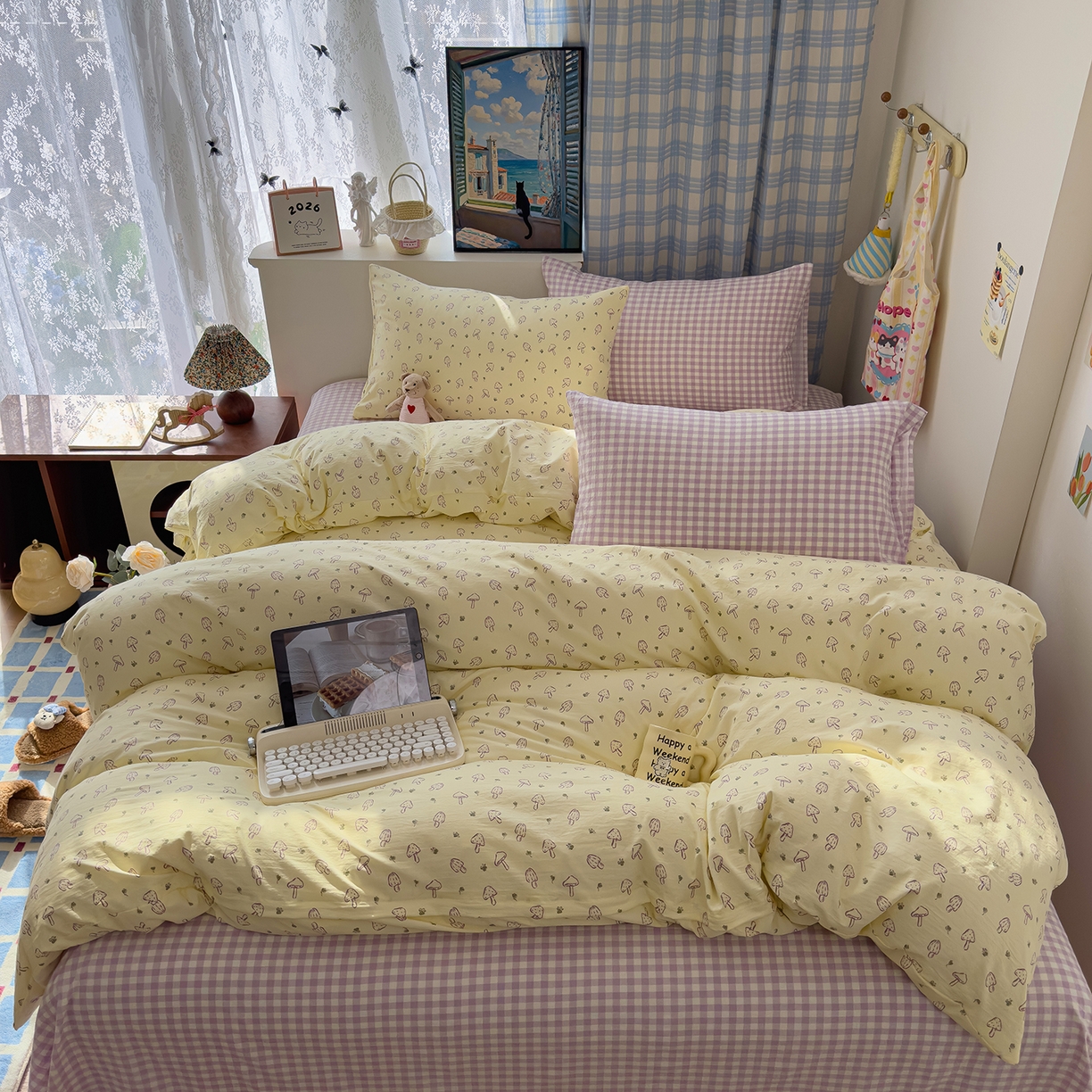 希丞家居 2026新款博主风小清新仿棉云感纱床上四件套 奶油蘑菇