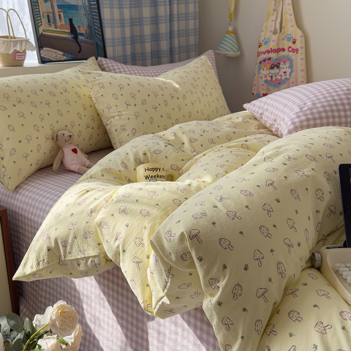 91家纺网 家纺一手货源 找家纺 希丞家居 2026新款博主风小清新仿棉云感纱床上四件套 奶油蘑菇