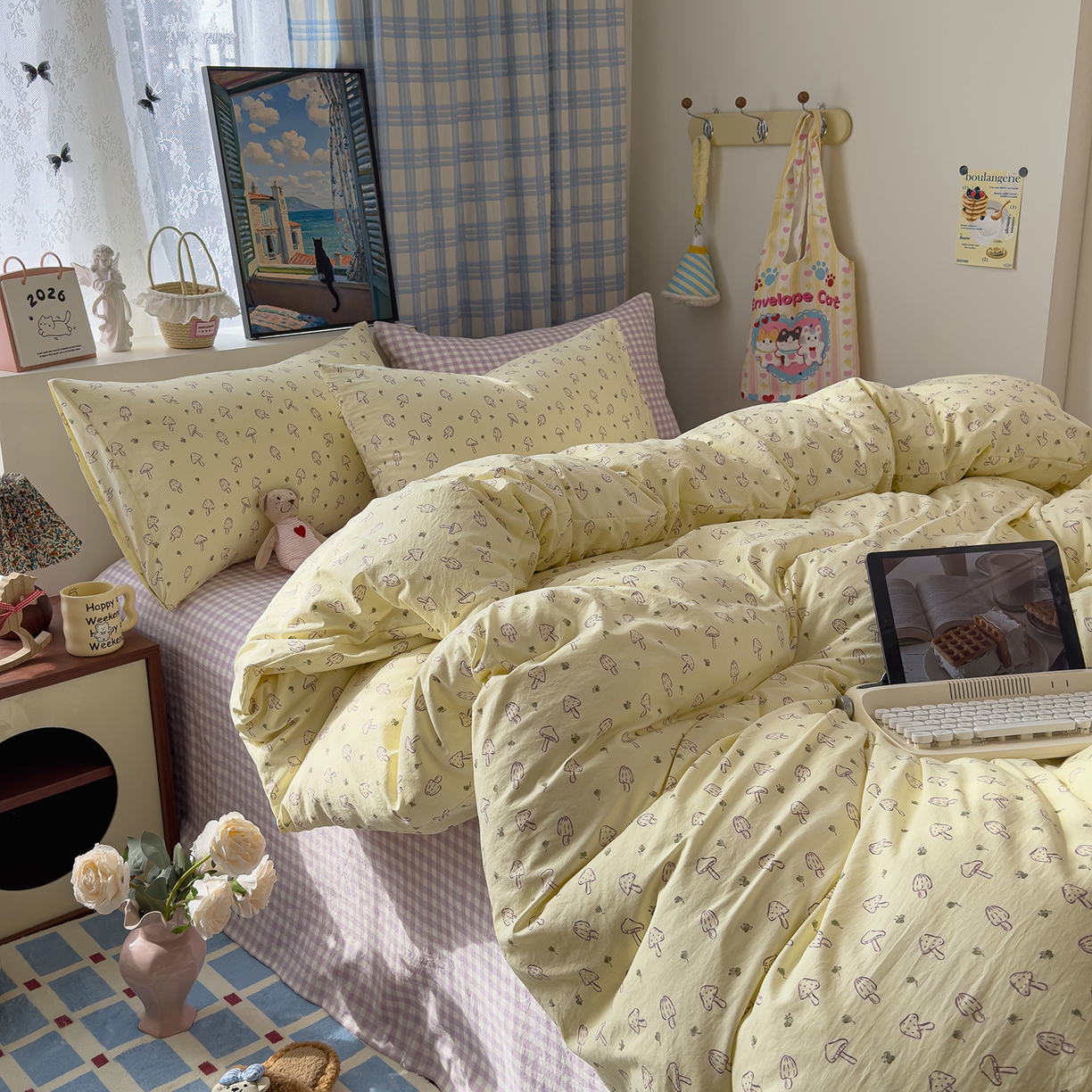 91家纺网 家纺一手货源 找家纺 希丞家居 2026新款博主风小清新仿棉云感纱床上四件套 奶油蘑菇