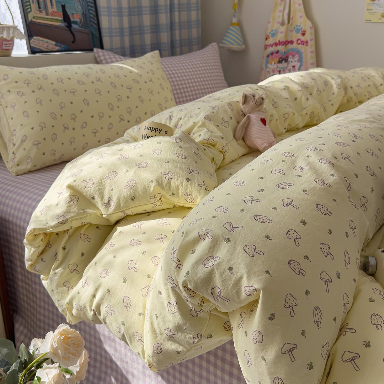 91家纺网 家纺一手货源 找家纺 希丞家居 2026新款博主风小清新仿棉云感纱床上四件套 奶油蘑菇