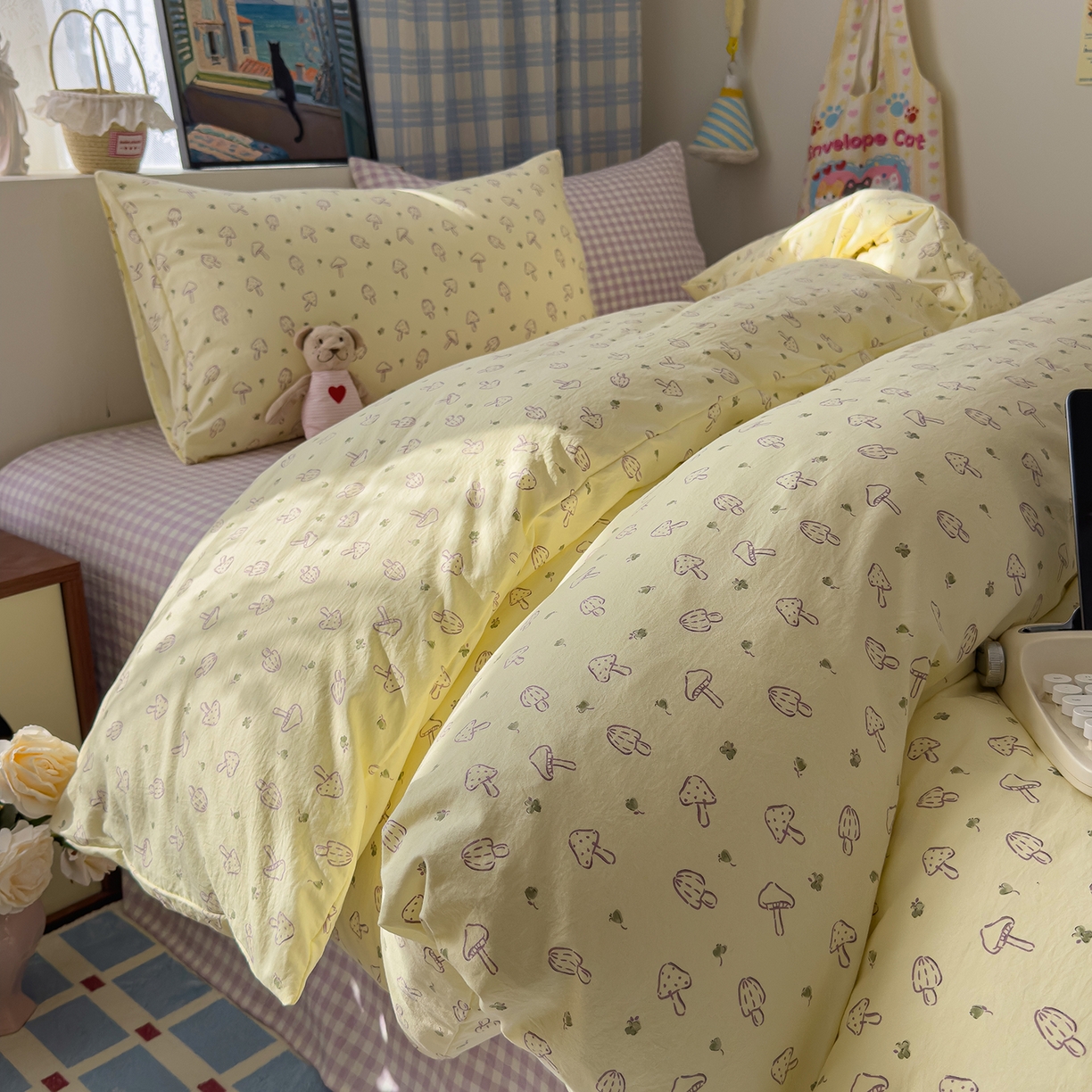 91家纺网 家纺一手货源 找家纺 希丞家居 2026新款博主风小清新仿棉云感纱床上四件套 奶油蘑菇