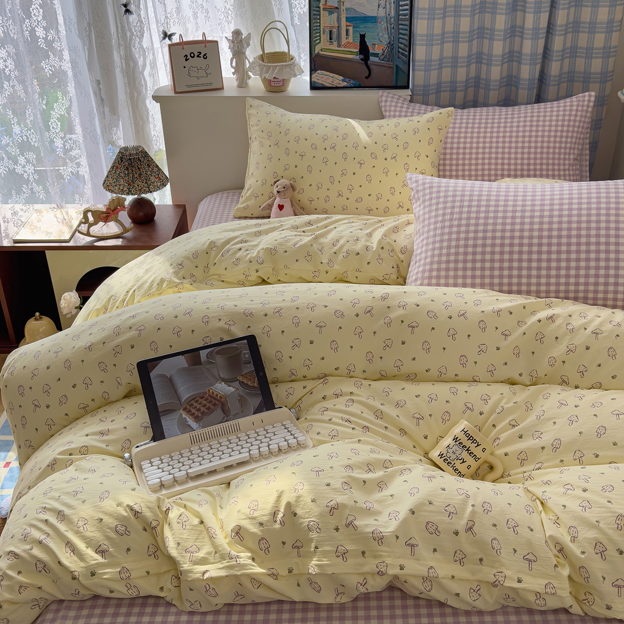 91家纺网 家纺一手货源 找家纺 希丞家居 2026新款博主风小清新仿棉云感纱床上四件套 奶油蘑菇