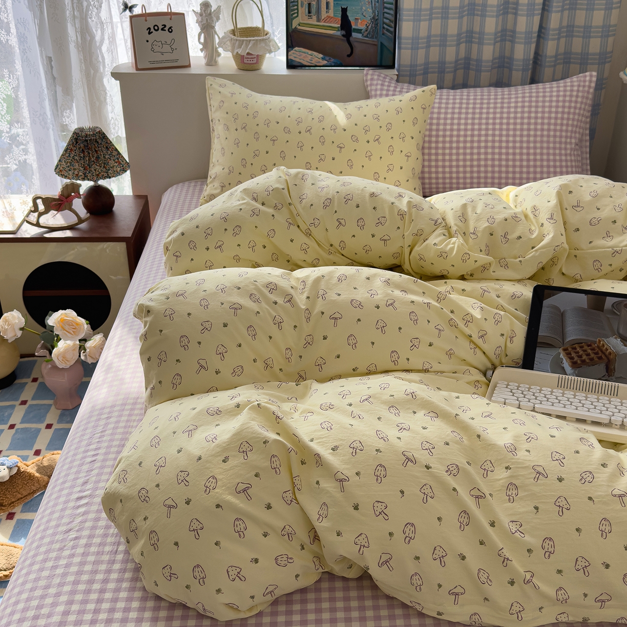 91家纺网 家纺一手货源 找家纺 希丞家居 2026新款博主风小清新仿棉云感纱床上四件套 奶油蘑菇