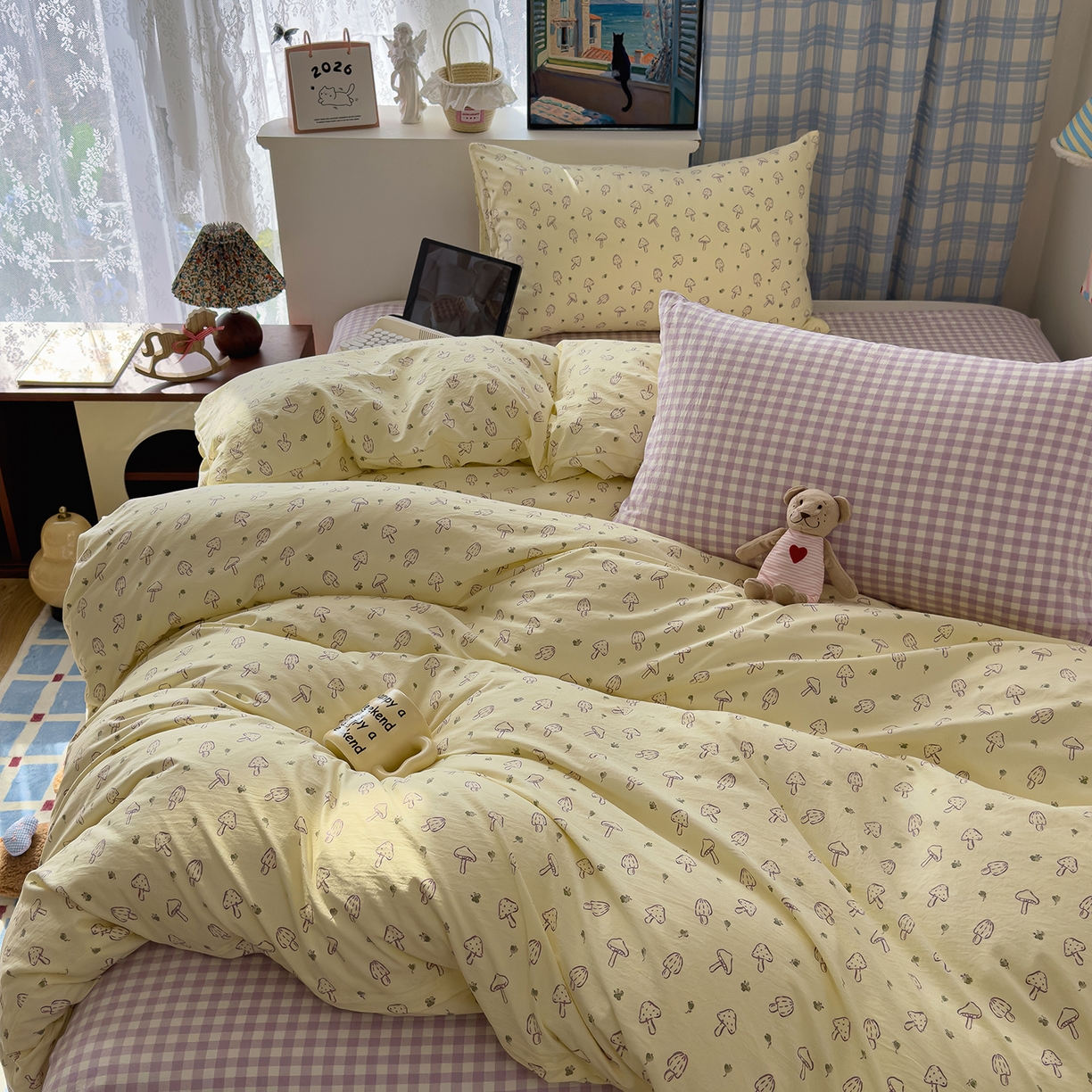 91家纺网 家纺一手货源 找家纺 希丞家居 2026新款博主风小清新仿棉云感纱床上四件套 奶油蘑菇