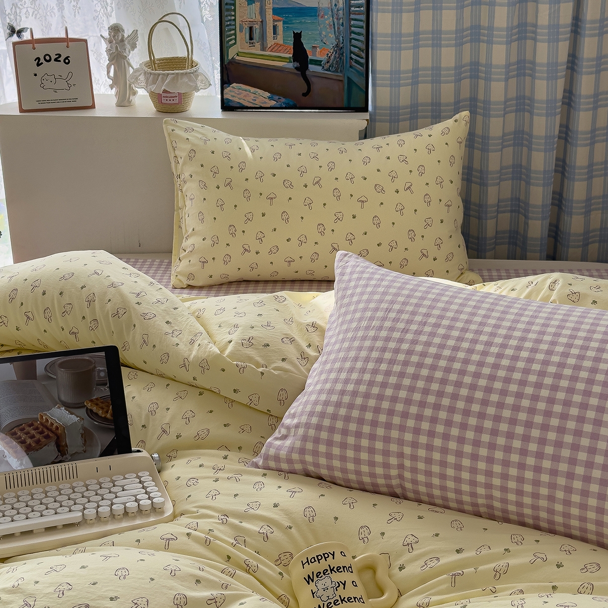 91家纺网 家纺一手货源 找家纺 希丞家居 2026新款博主风小清新仿棉云感纱床上四件套 奶油蘑菇