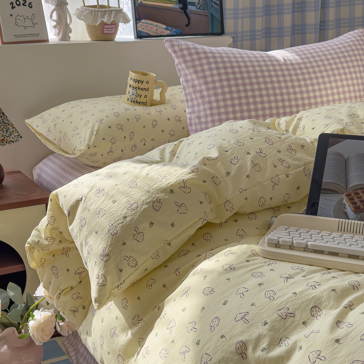 91家纺网 家纺一手货源 找家纺 希丞家居 2026新款博主风小清新仿棉云感纱床上四件套 奶油蘑菇