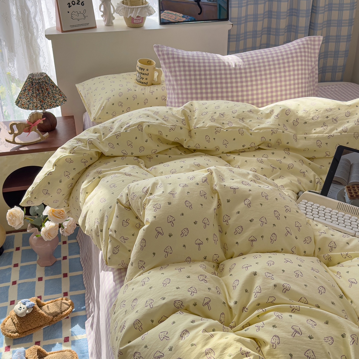 91家纺网 家纺一手货源 找家纺 希丞家居 2026新款博主风小清新仿棉云感纱床上四件套 奶油蘑菇