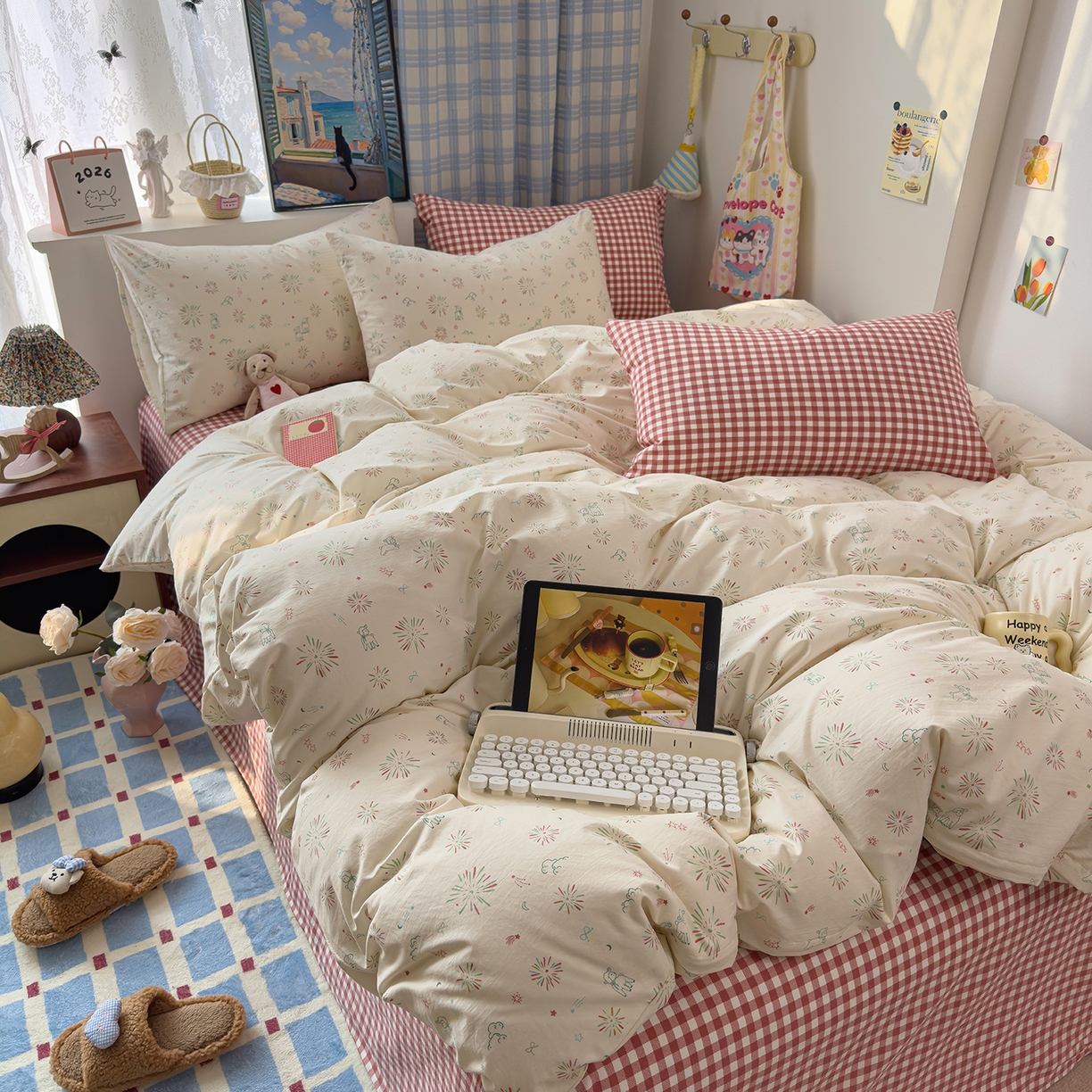 91家纺网 家纺一手货源 找家纺 希丞家居 2026新款博主风小清新仿棉云感纱床上四件套 小鹿乱撞