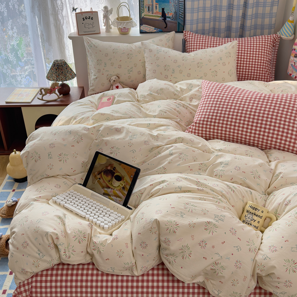 91家纺网 家纺一手货源 找家纺 希丞家居 2026新款博主风小清新仿棉云感纱床上四件套 小鹿乱撞