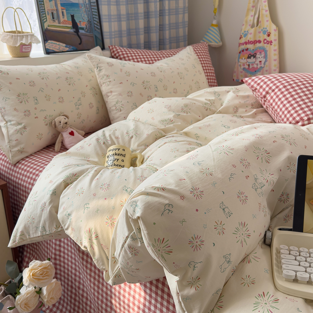 91家纺网 家纺一手货源 找家纺 希丞家居 2026新款博主风小清新仿棉云感纱床上四件套 小鹿乱撞