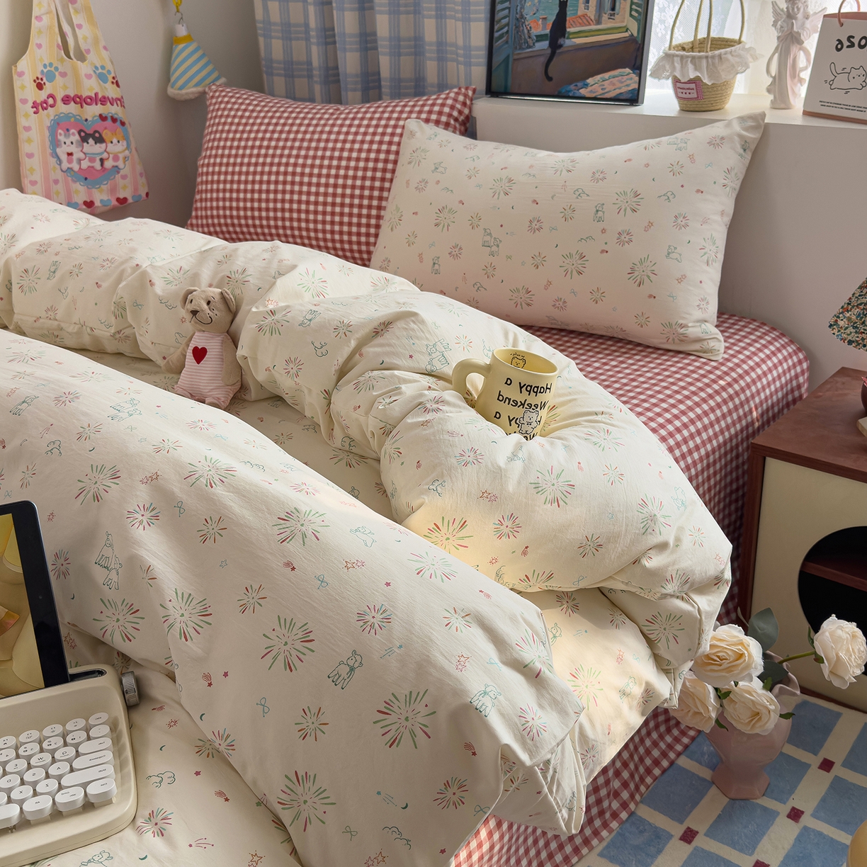 91家纺网 家纺一手货源 找家纺 希丞家居 2026新款博主风小清新仿棉云感纱床上四件套 小鹿乱撞