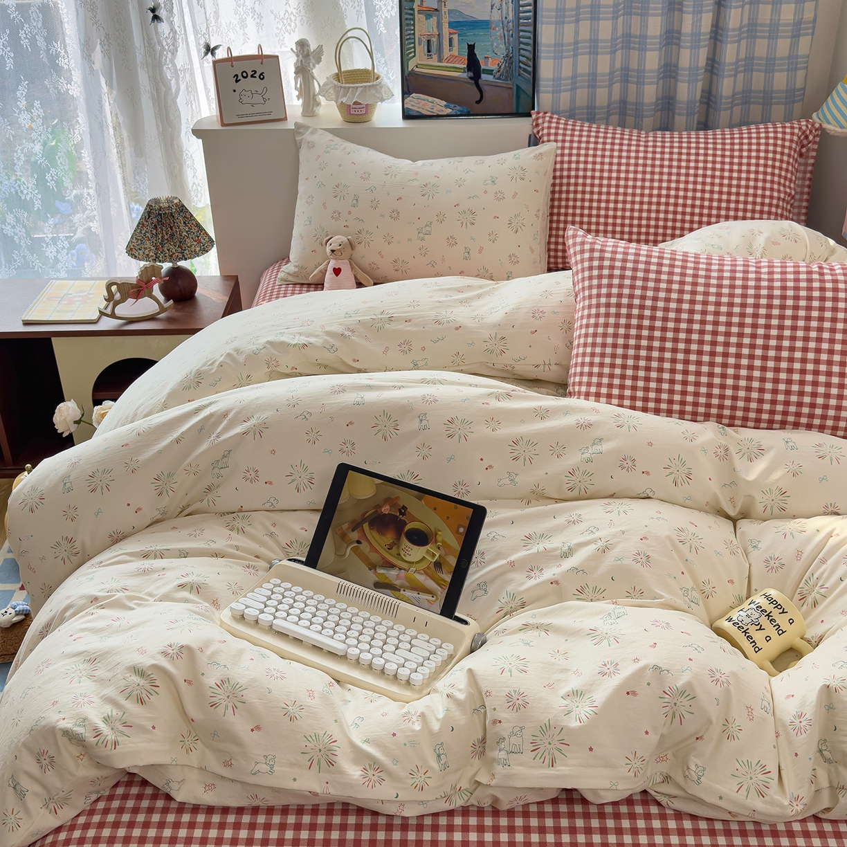 91家纺网 家纺一手货源 找家纺 希丞家居 2026新款博主风小清新仿棉云感纱床上四件套 小鹿乱撞