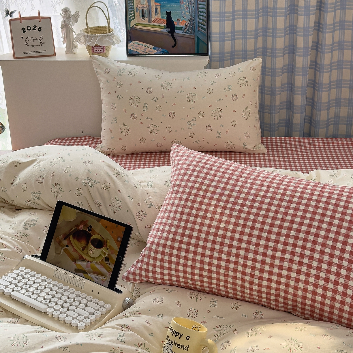 91家纺网 家纺一手货源 找家纺 希丞家居 2026新款博主风小清新仿棉云感纱床上四件套 小鹿乱撞