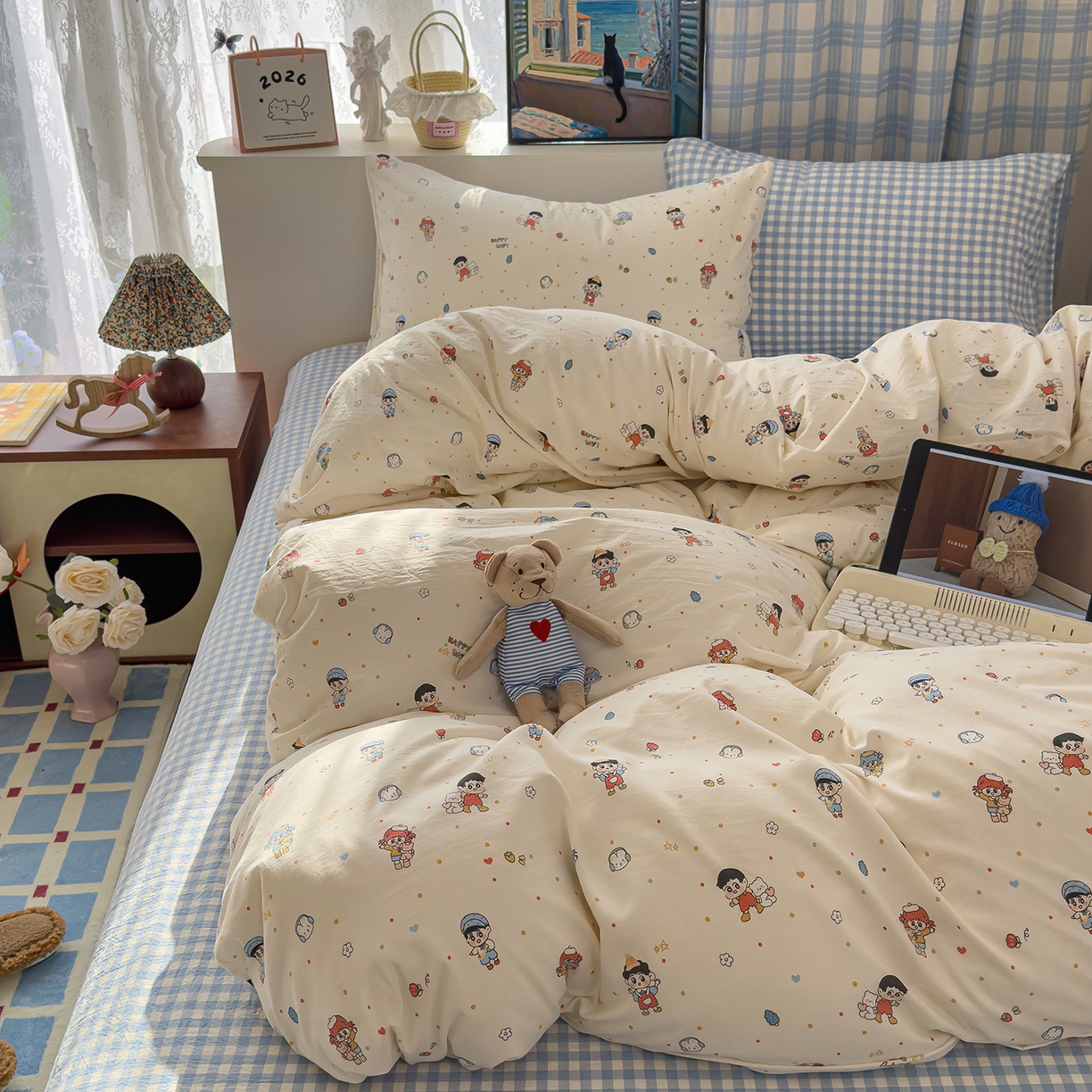 91家纺网 家纺一手货源 找家纺 希丞家居 2026新款博主风小清新仿棉云感纱床上四件套 小新合集