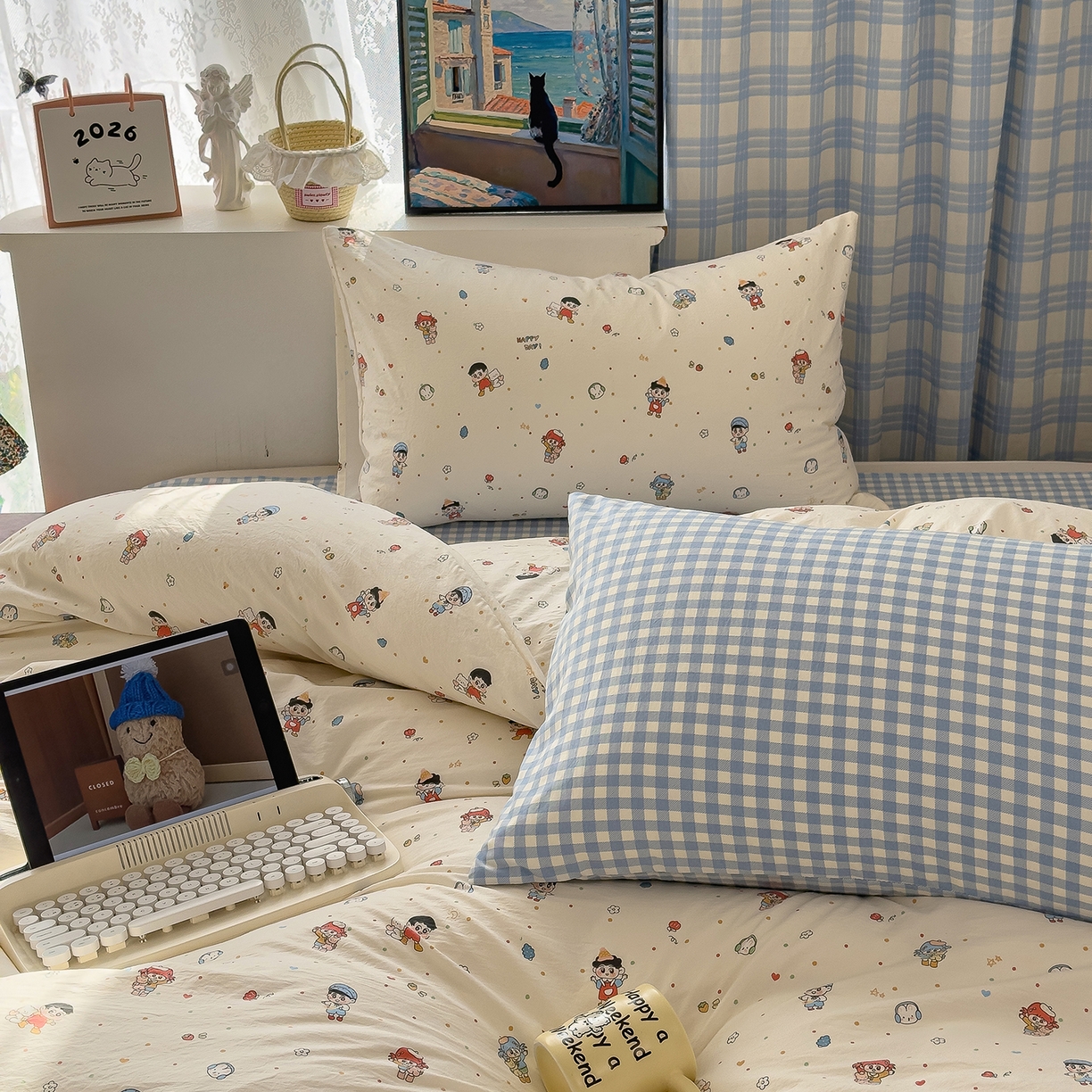 91家纺网 家纺一手货源 找家纺 希丞家居 2026新款博主风小清新仿棉云感纱床上四件套 小新合集