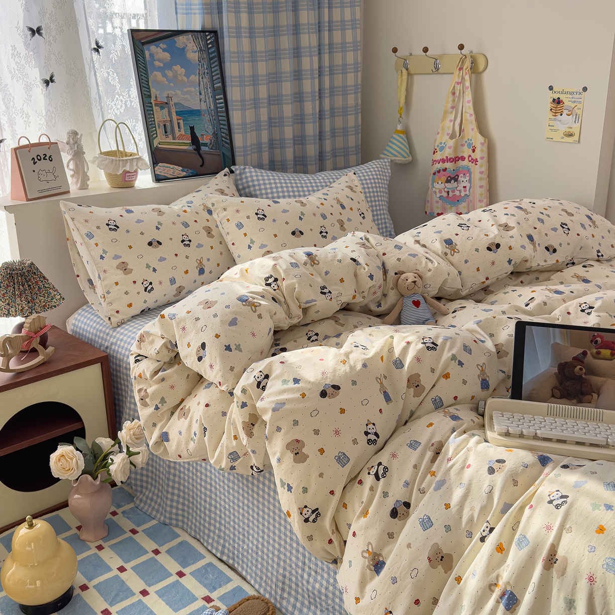 91家纺网 家纺一手货源 找家纺 希丞家居 2026新款博主风小清新仿棉云感纱床上四件套 小幸运