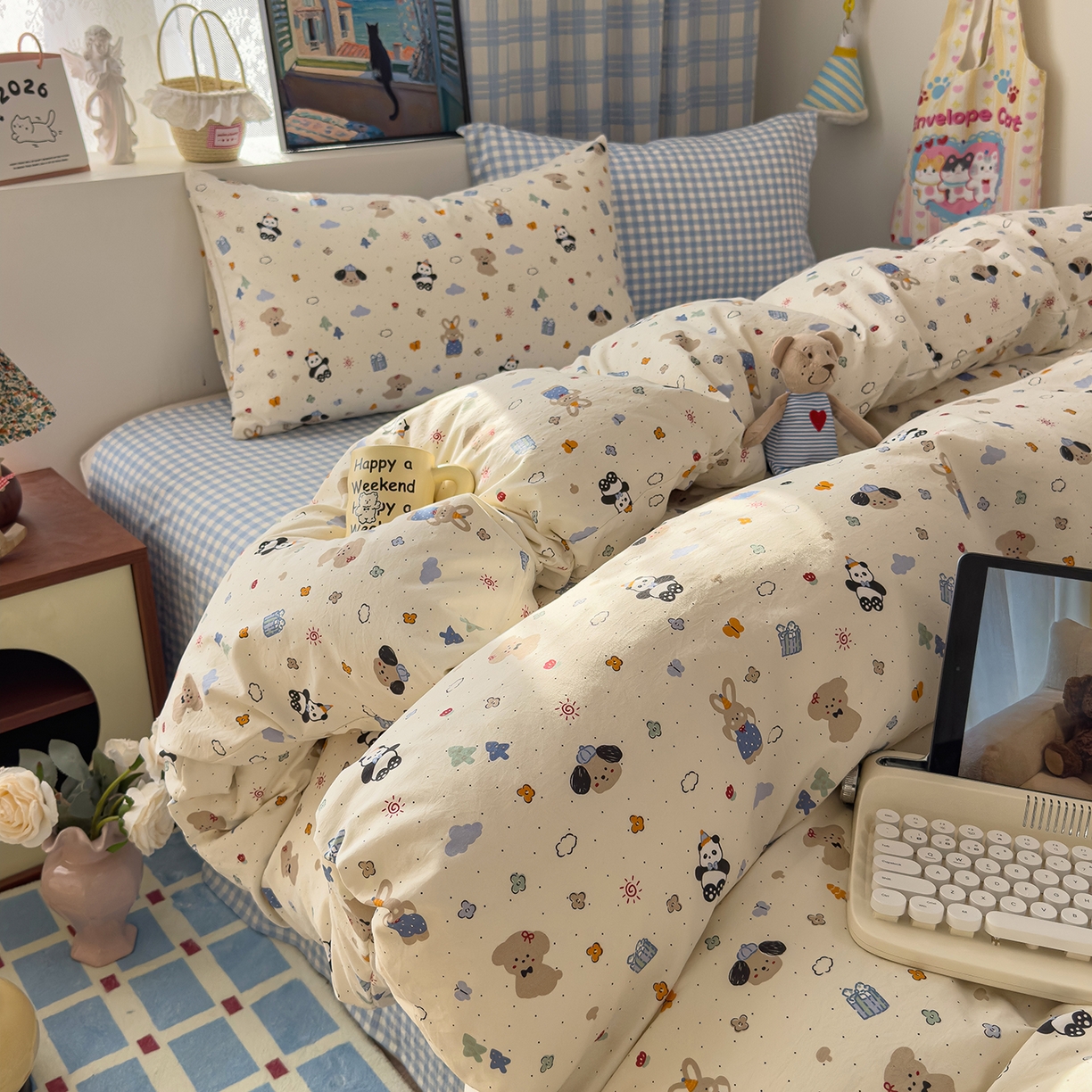 91家纺网 家纺一手货源 找家纺 希丞家居 2026新款博主风小清新仿棉云感纱床上四件套 小幸运