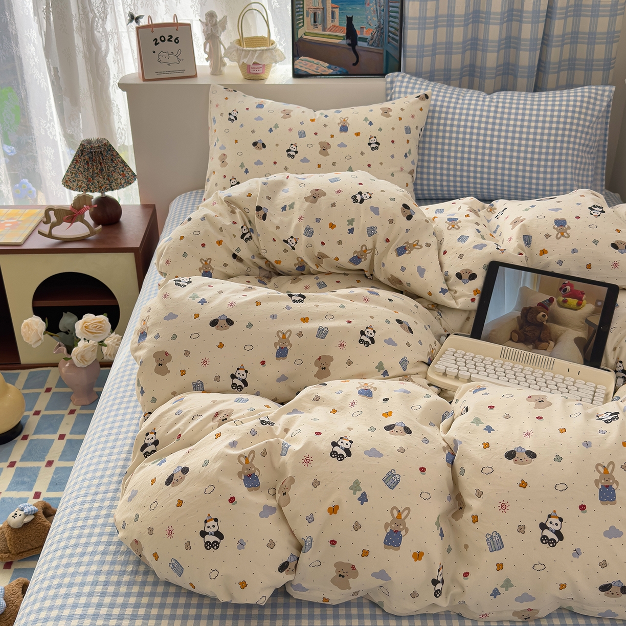 91家纺网 家纺一手货源 找家纺 希丞家居 2026新款博主风小清新仿棉云感纱床上四件套 小幸运