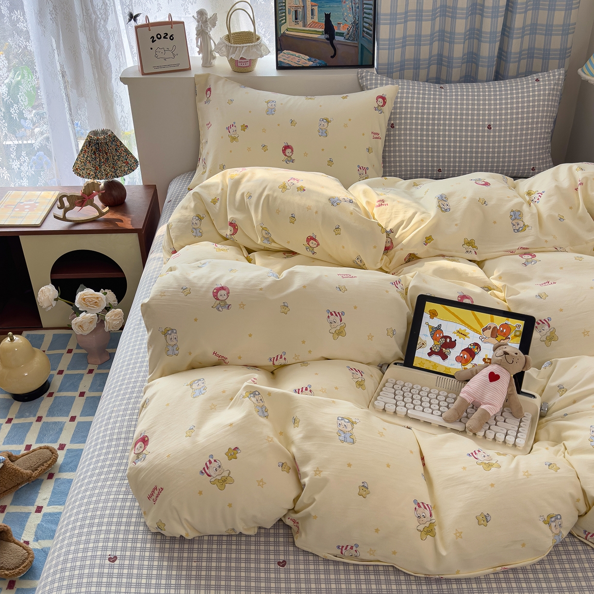 91家纺网 家纺一手货源 找家纺 希丞家居 2026新款博主风小清新仿棉云感纱床上四件套 星星人