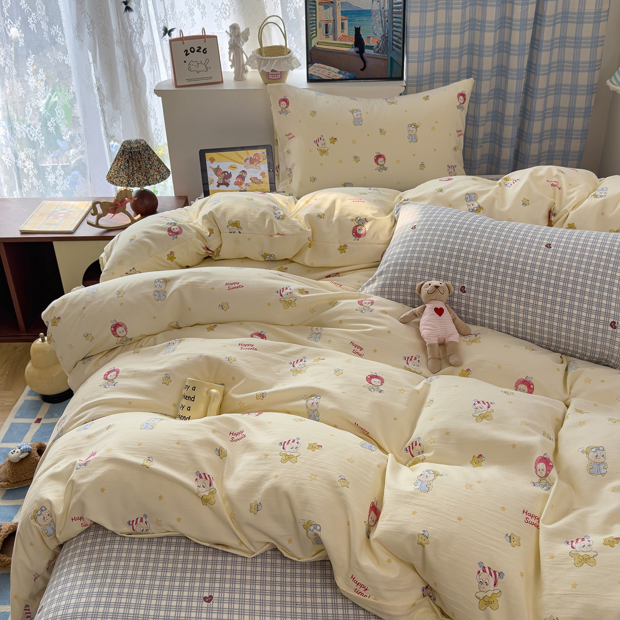 91家纺网 家纺一手货源 找家纺 希丞家居 2026新款博主风小清新仿棉云感纱床上四件套 星星人