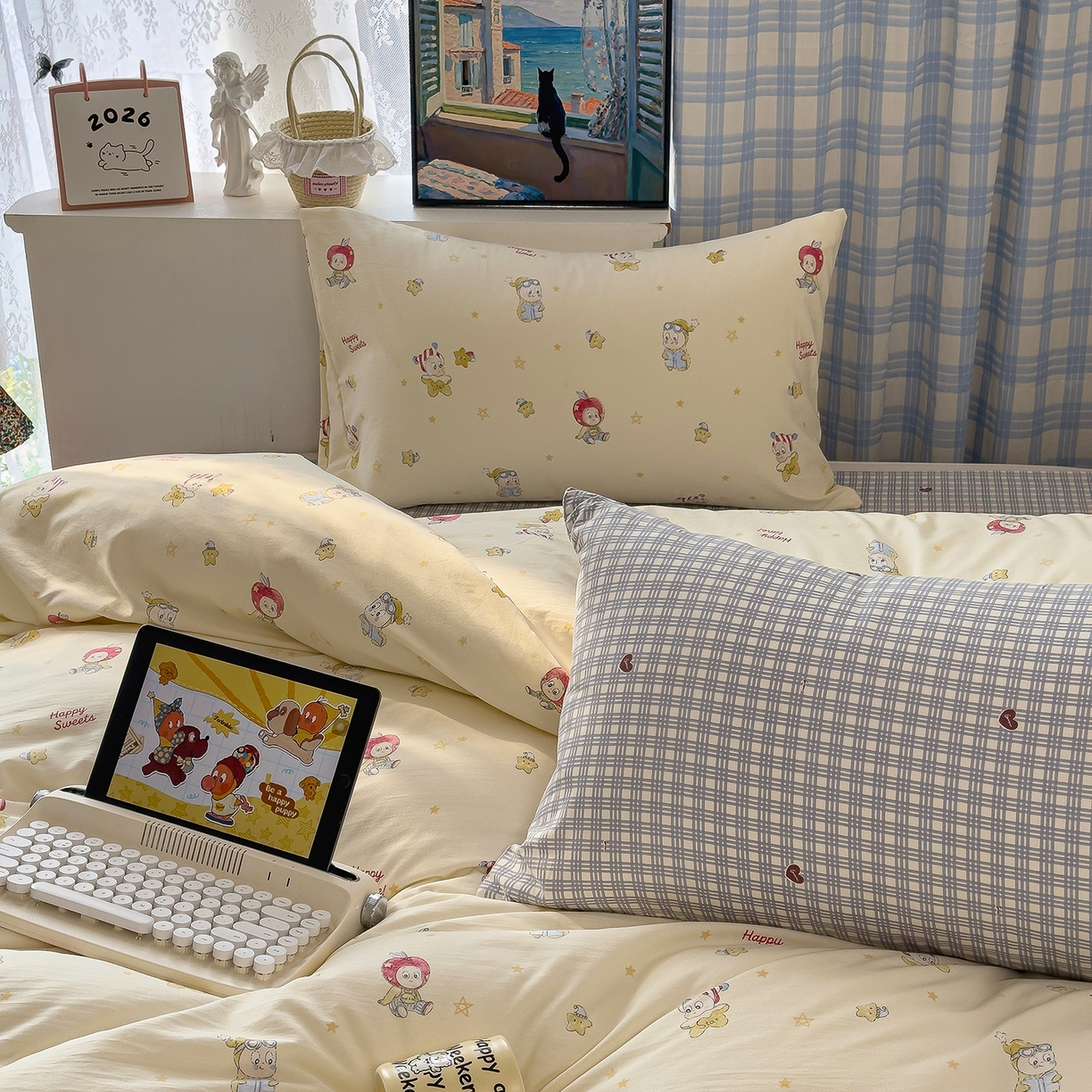 91家纺网 家纺一手货源 找家纺 希丞家居 2026新款博主风小清新仿棉云感纱床上四件套 星星人