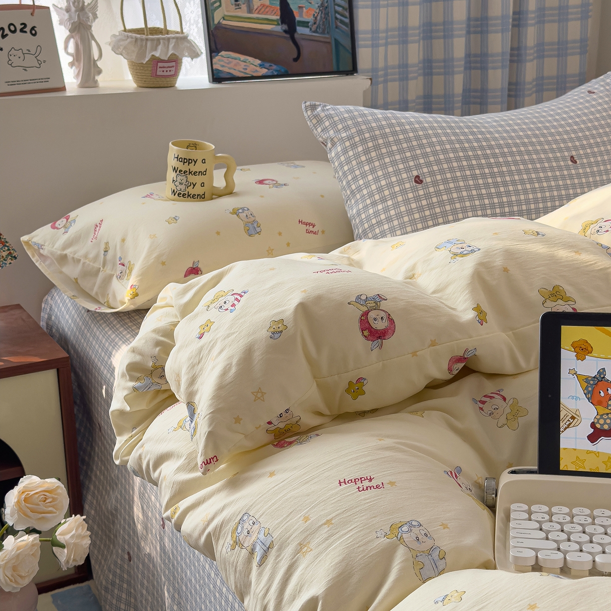 91家纺网 家纺一手货源 找家纺 希丞家居 2026新款博主风小清新仿棉云感纱床上四件套 星星人