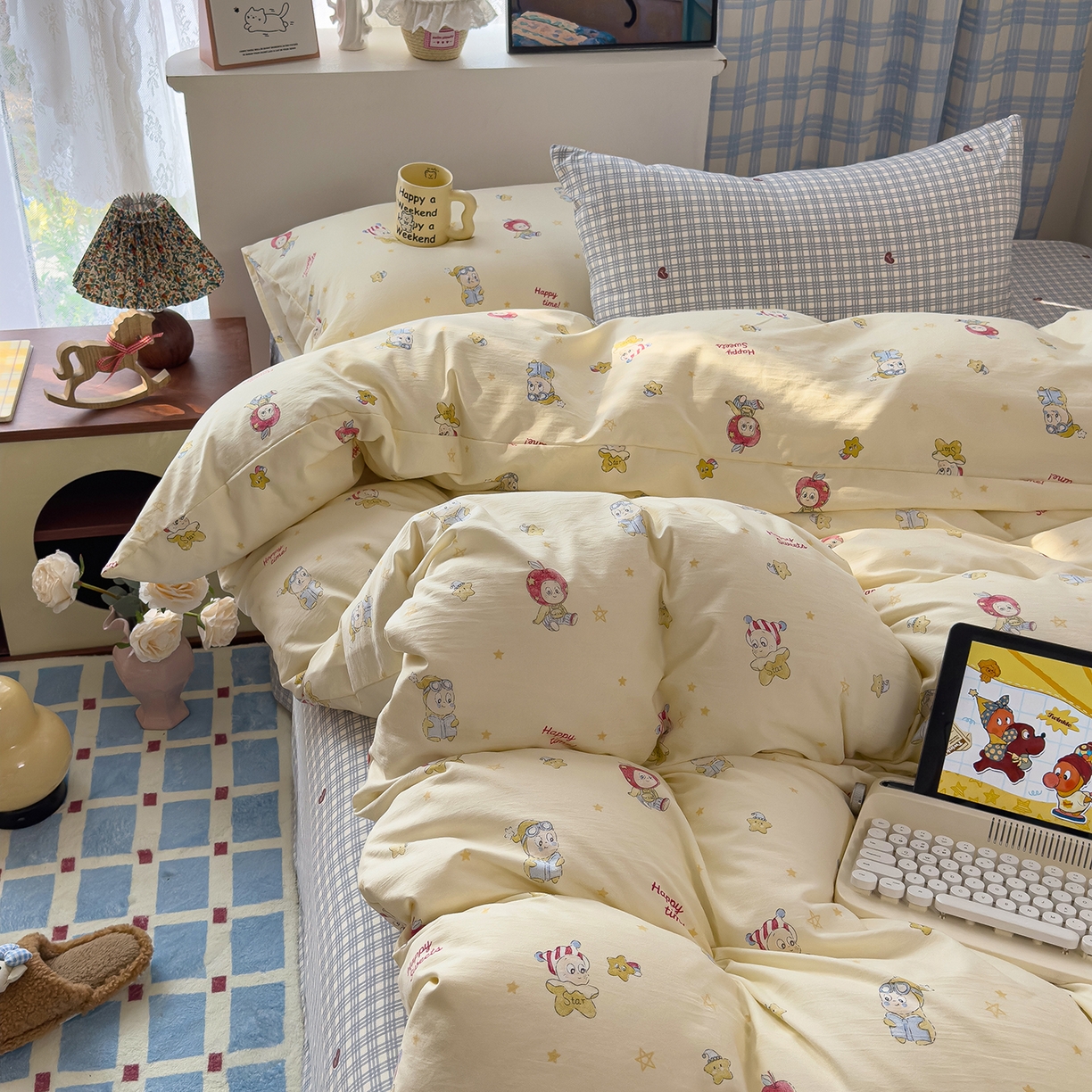 91家纺网 家纺一手货源 找家纺 希丞家居 2026新款博主风小清新仿棉云感纱床上四件套 星星人