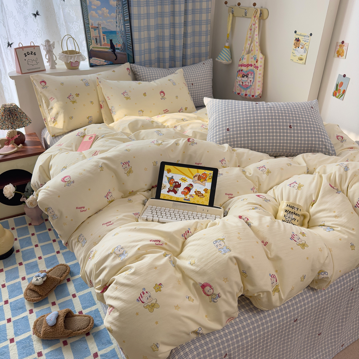 91家纺网 家纺一手货源 找家纺 希丞家居 2026新款博主风小清新仿棉云感纱床上四件套 星星人