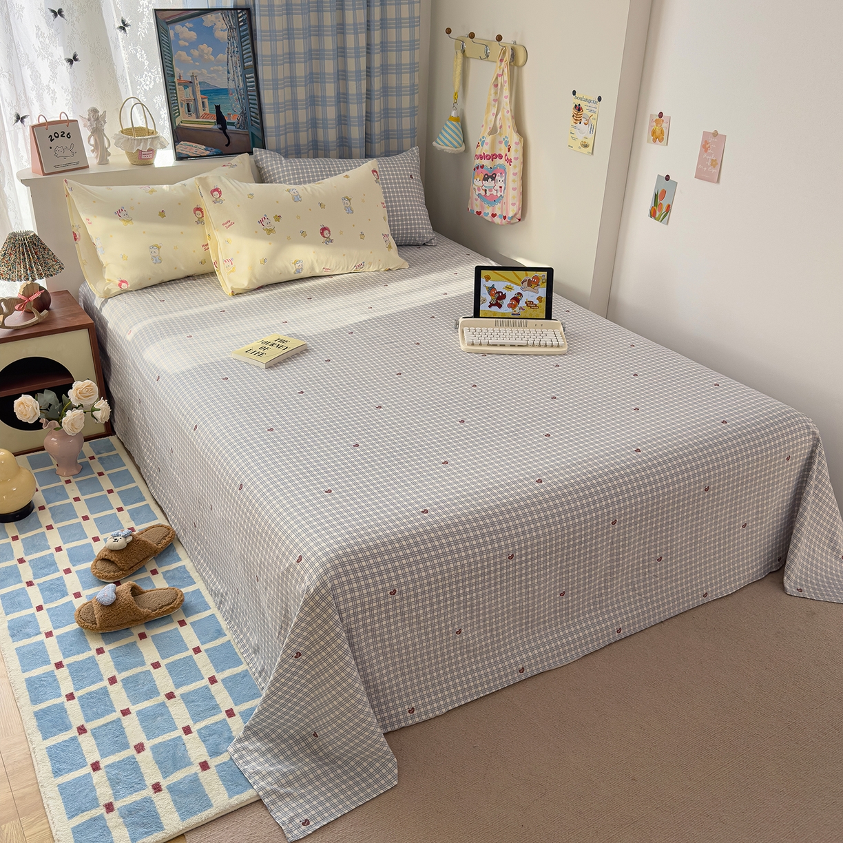 91家纺网 家纺一手货源 找家纺 希丞家居 2026新款博主风小清新仿棉云感纱床上四件套 星星人