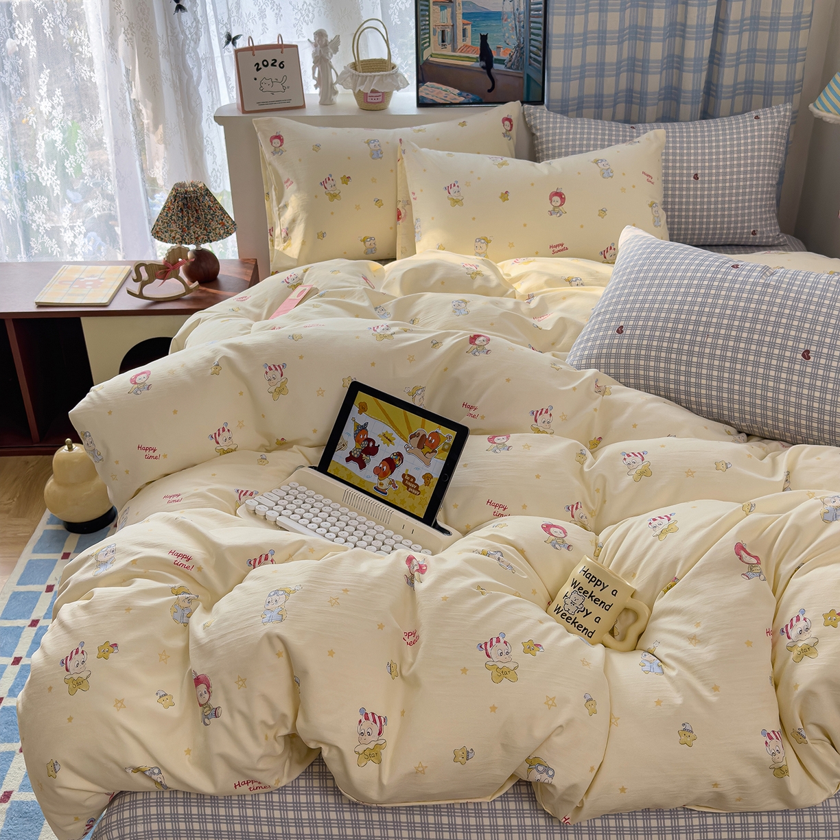 91家纺网 家纺一手货源 找家纺 希丞家居 2026新款博主风小清新仿棉云感纱床上四件套 星星人