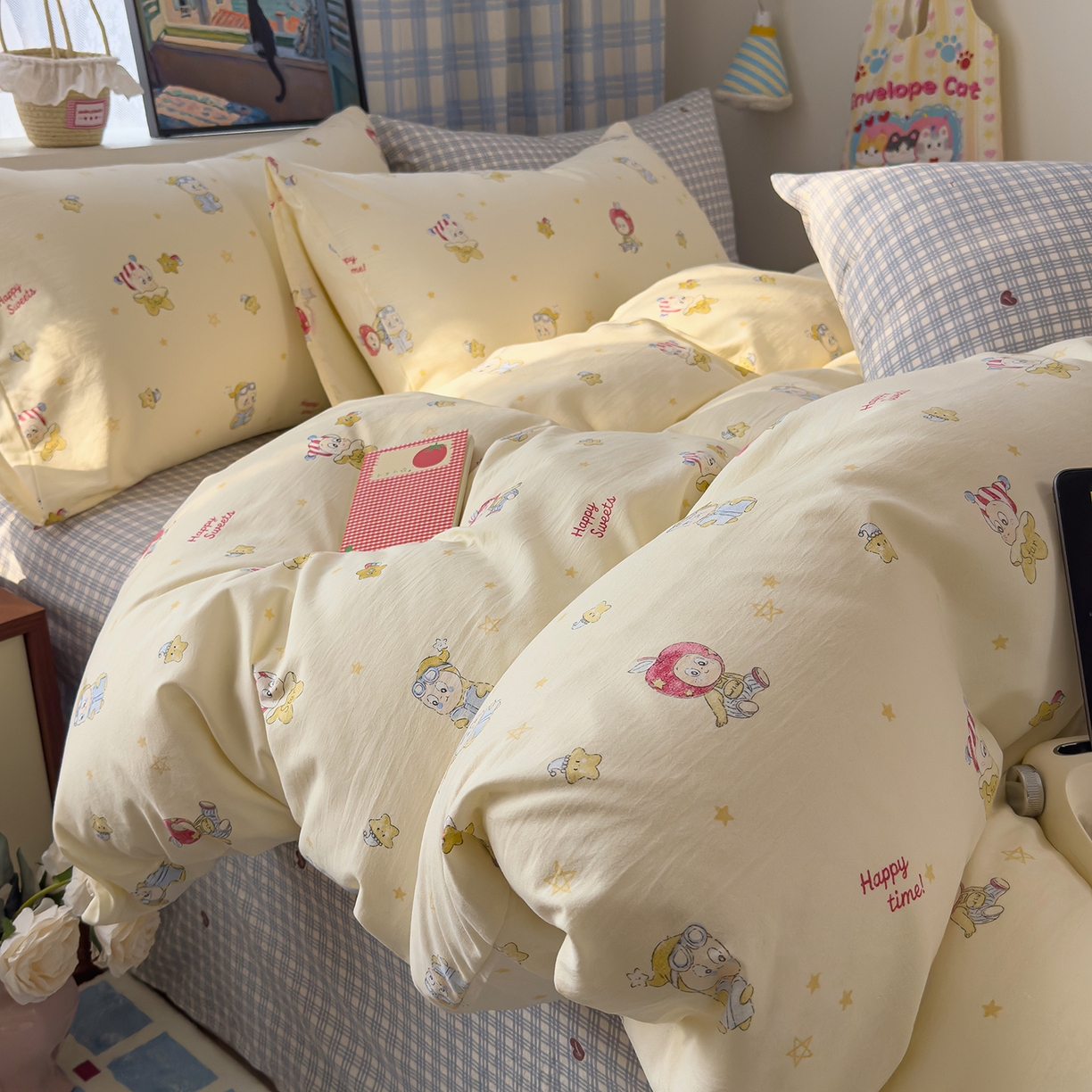 91家纺网 家纺一手货源 找家纺 希丞家居 2026新款博主风小清新仿棉云感纱床上四件套 星星人