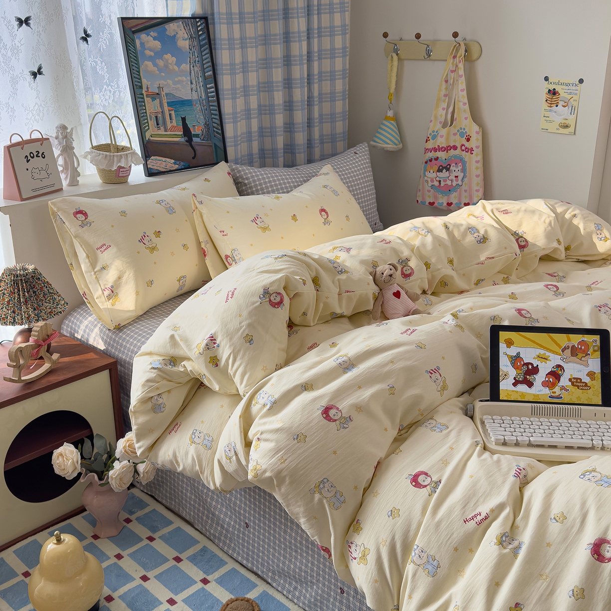 91家纺网 家纺一手货源 找家纺 希丞家居 2026新款博主风小清新仿棉云感纱床上四件套 星星人