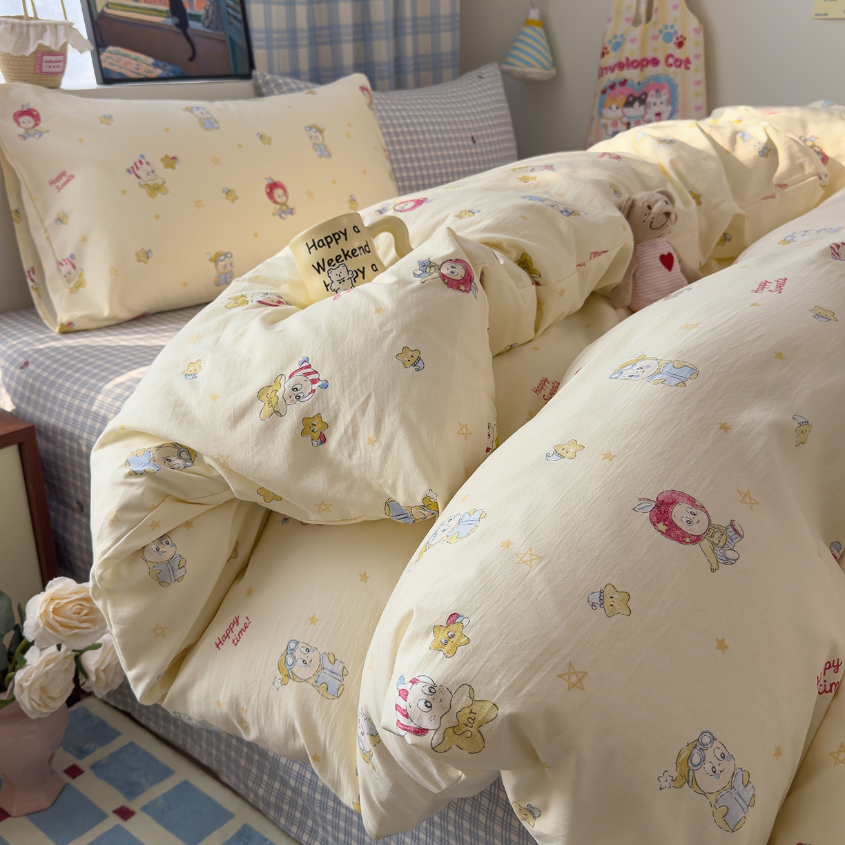 91家纺网 家纺一手货源 找家纺 希丞家居 2026新款博主风小清新仿棉云感纱床上四件套 星星人