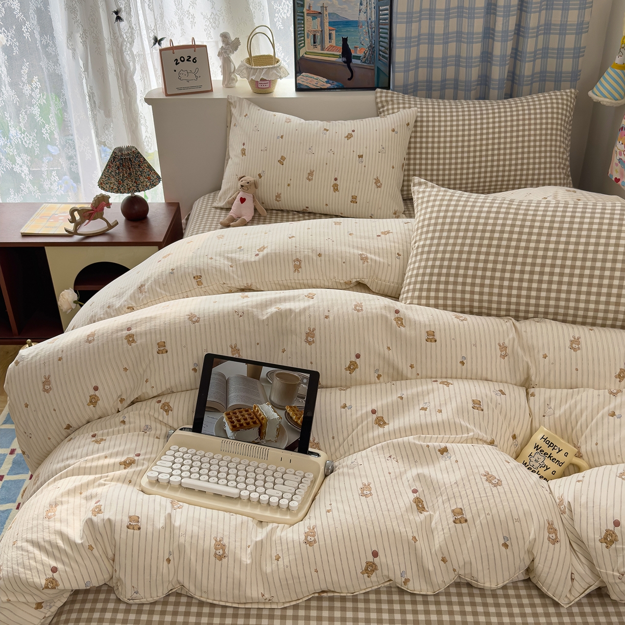 91家纺网 家纺一手货源 找家纺 希丞家居 2026新款博主风小清新仿棉云感纱床上四件套 织梦家