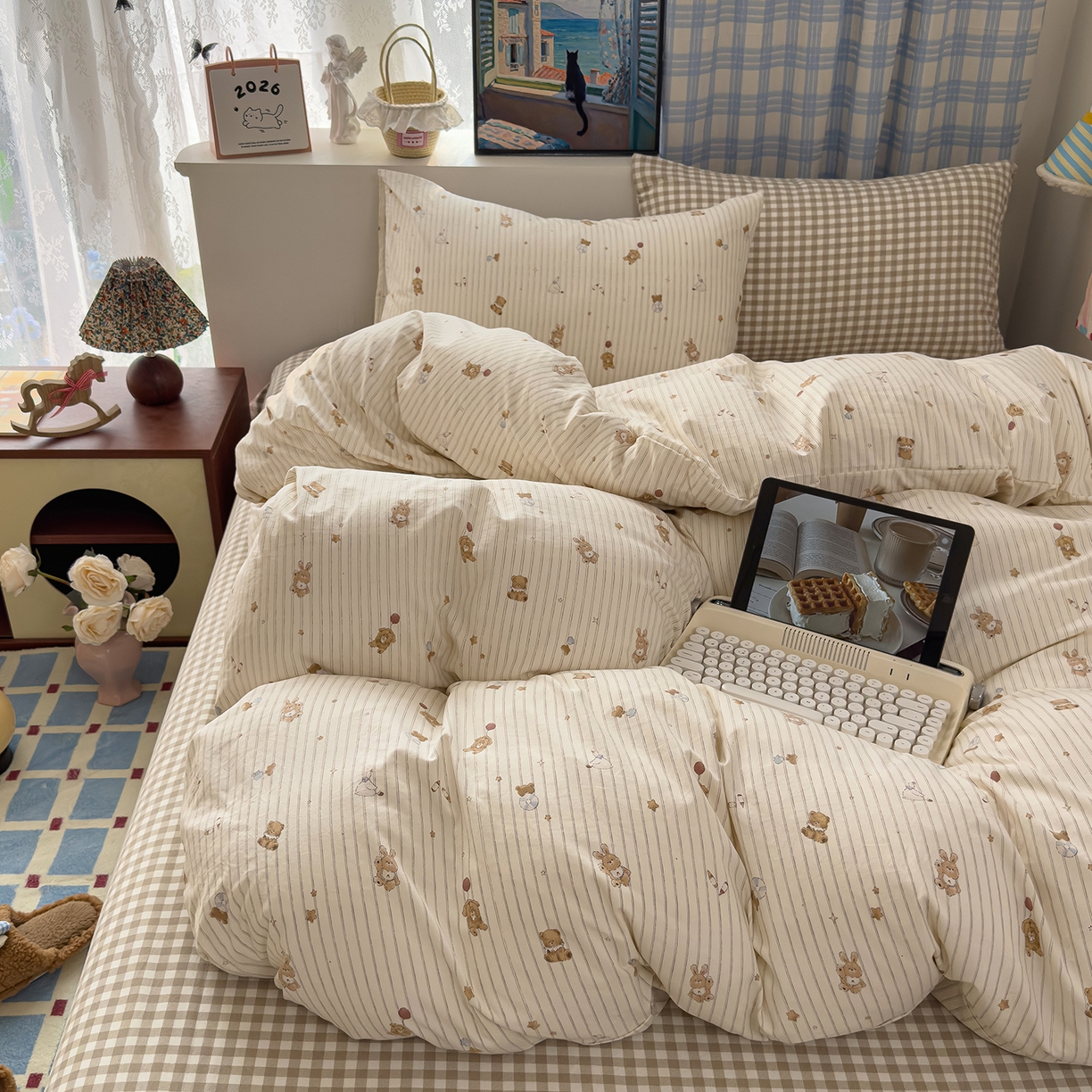 91家纺网 家纺一手货源 找家纺 希丞家居 2026新款博主风小清新仿棉云感纱床上四件套 织梦家