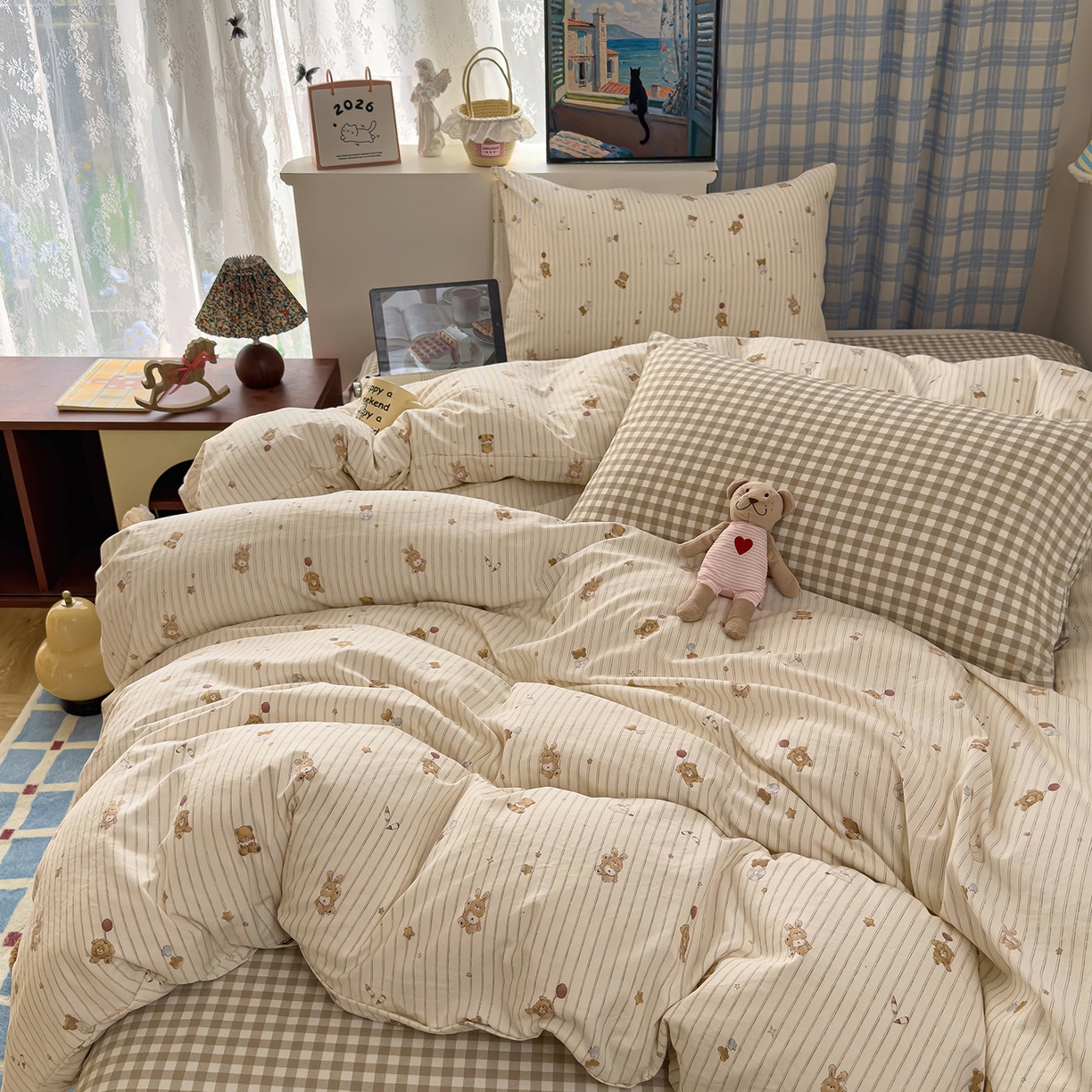 91家纺网 家纺一手货源 找家纺 希丞家居 2026新款博主风小清新仿棉云感纱床上四件套 织梦家