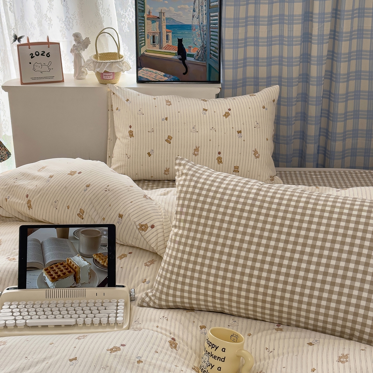 91家纺网 家纺一手货源 找家纺 希丞家居 2026新款博主风小清新仿棉云感纱床上四件套 织梦家