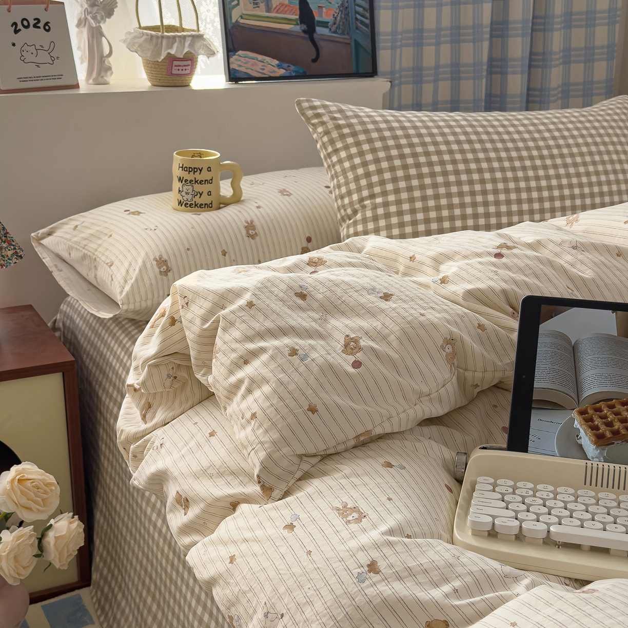 91家纺网 家纺一手货源 找家纺 希丞家居 2026新款博主风小清新仿棉云感纱床上四件套 织梦家