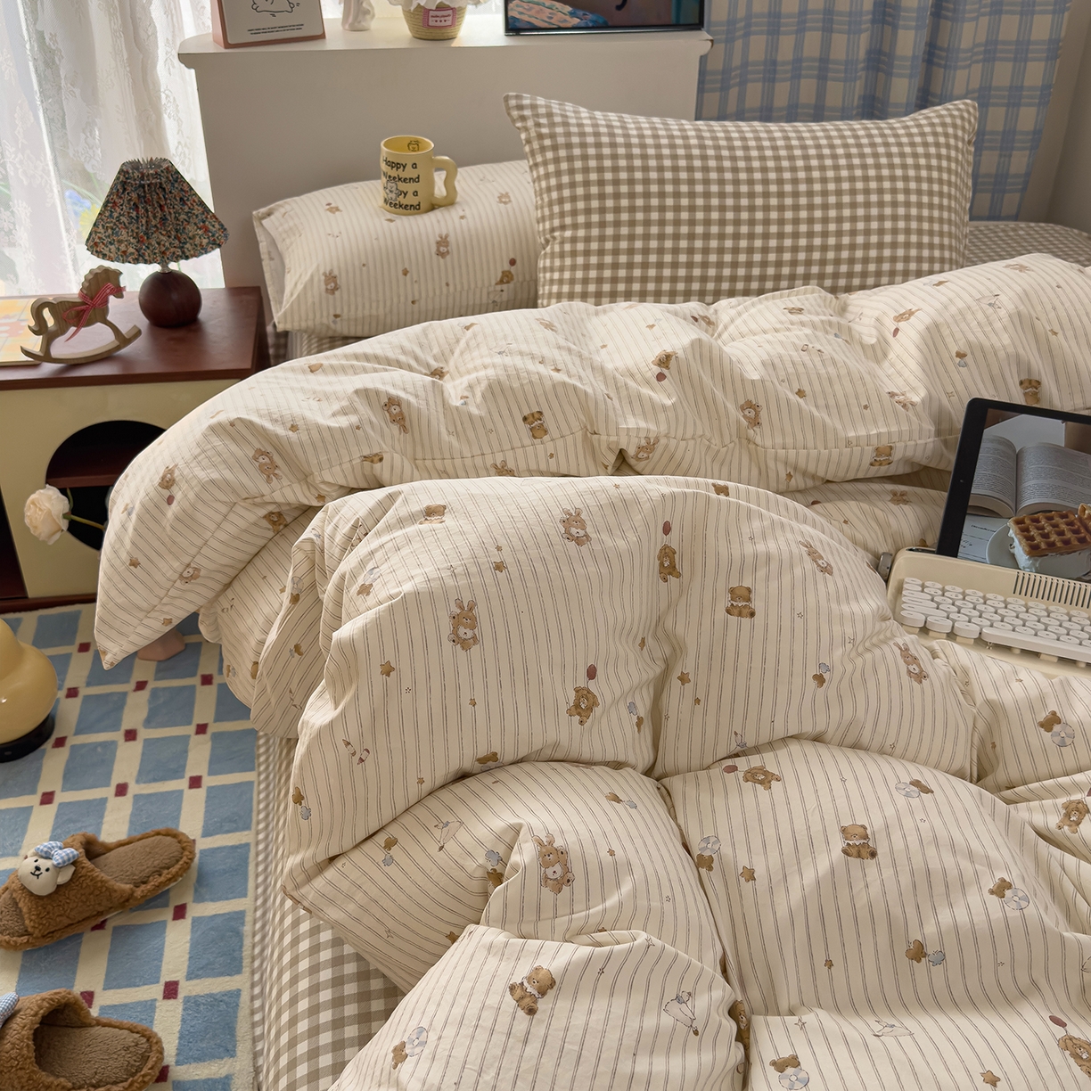 91家纺网 家纺一手货源 找家纺 希丞家居 2026新款博主风小清新仿棉云感纱床上四件套 织梦家