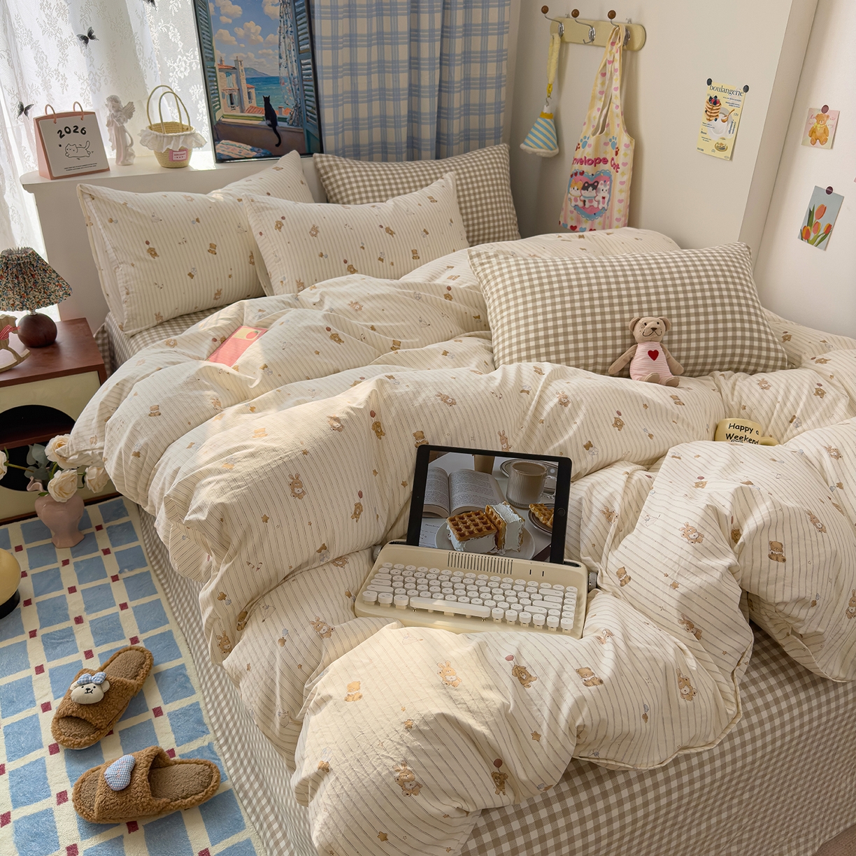 91家纺网 家纺一手货源 找家纺 希丞家居 2026新款博主风小清新仿棉云感纱床上四件套 织梦家