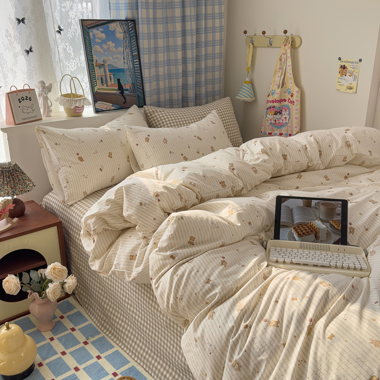 91家纺网 家纺一手货源 找家纺 希丞家居 2026新款博主风小清新仿棉云感纱床上四件套 织梦家