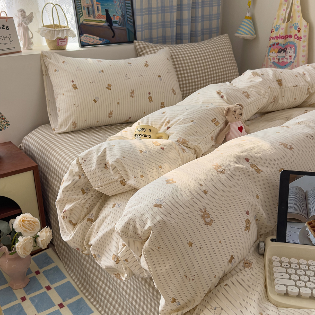 91家纺网 家纺一手货源 找家纺 希丞家居 2026新款博主风小清新仿棉云感纱床上四件套 织梦家